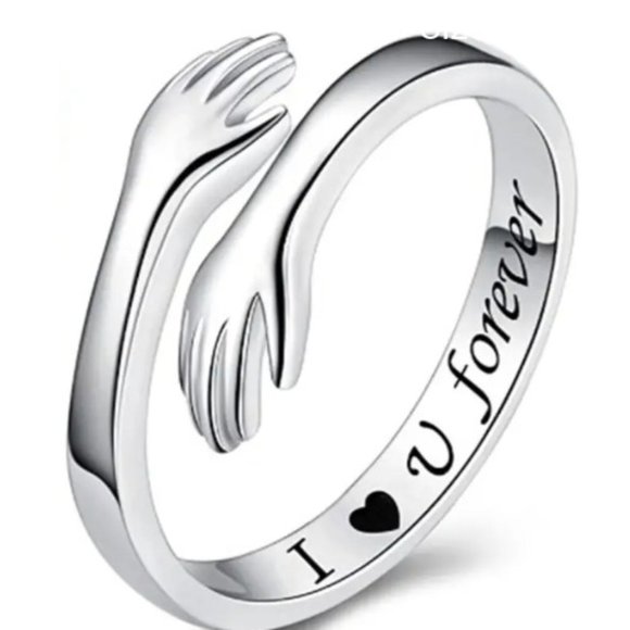 Hugging Arms Engraved ''I ❤ You Forever' Stainless Steel Ring Adjustable - Picture 1 of 3